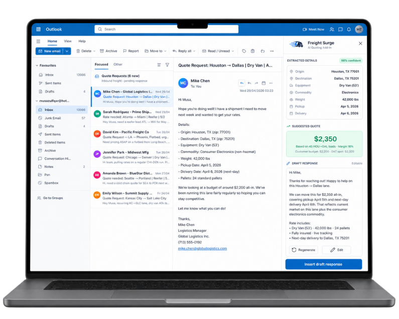FreightSurge AI quoting inside the inbox